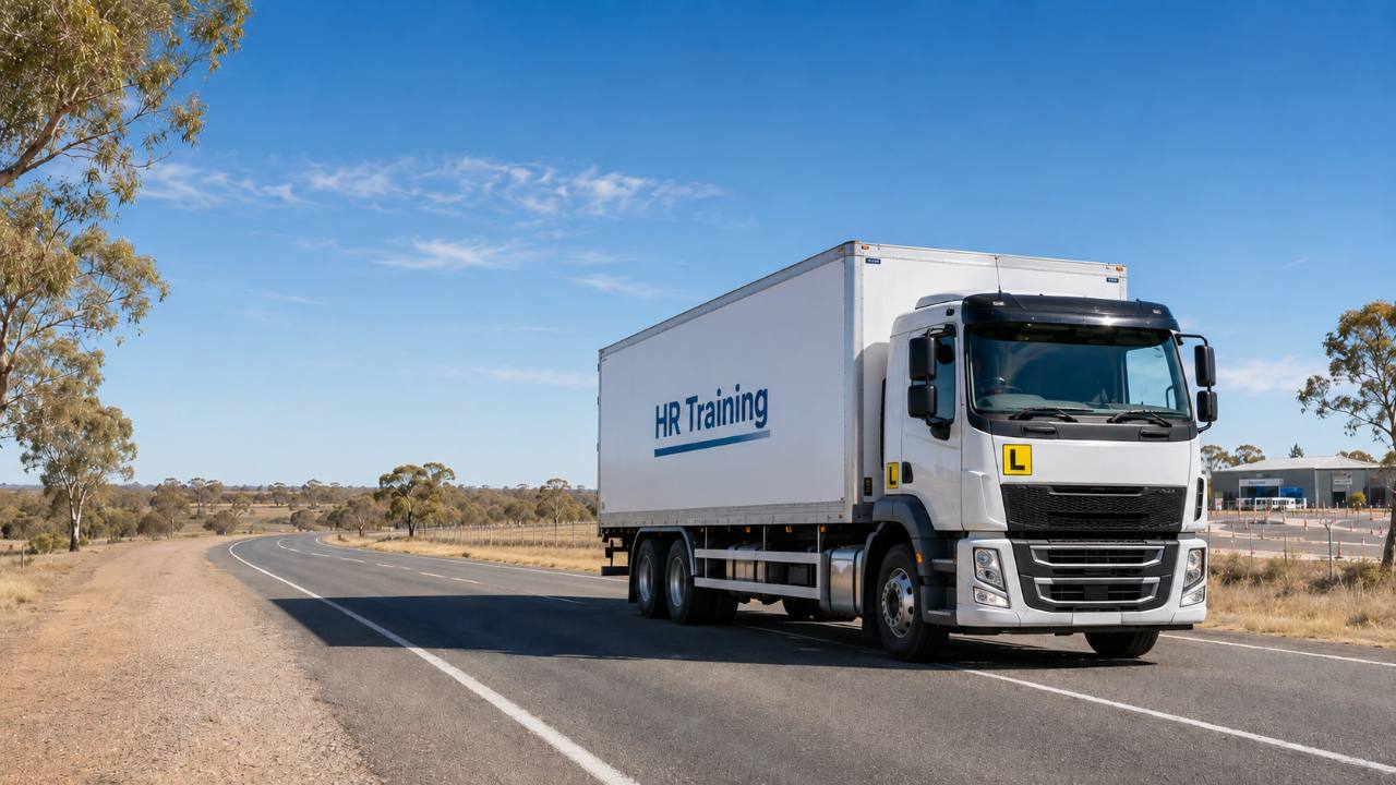 Heavy rigid training truck driving on a Western Australian road