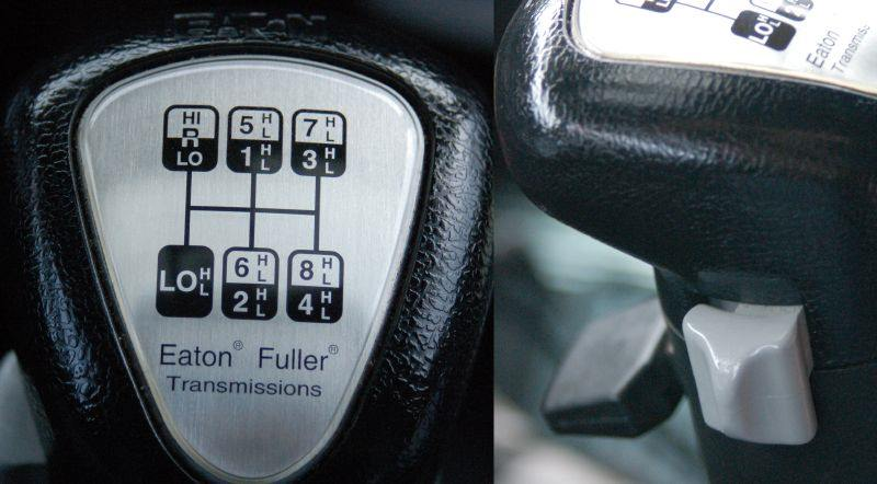 Eaton Fuller non-synchromesh gear knob showing an eight-speed H-pattern with range and splitter controls