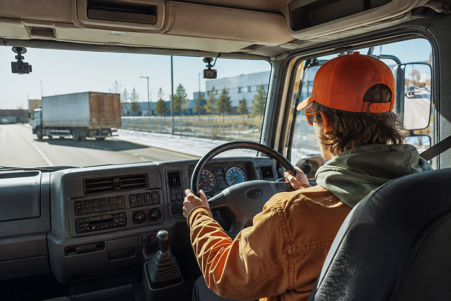 Truck driver safely operating a rigid truck with two assessment cameras, one facing the cab and one facing the road