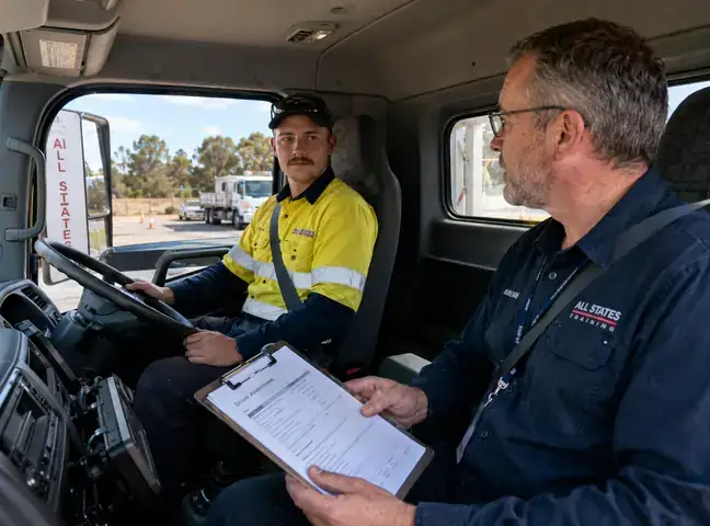Heavy rigid truck driver preparing to drive with an assessor in the cab